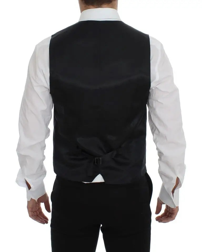 Dos de la veste dolce & gabbana noire en satin avec un noeud central et une légère brillance en laine et soie grise