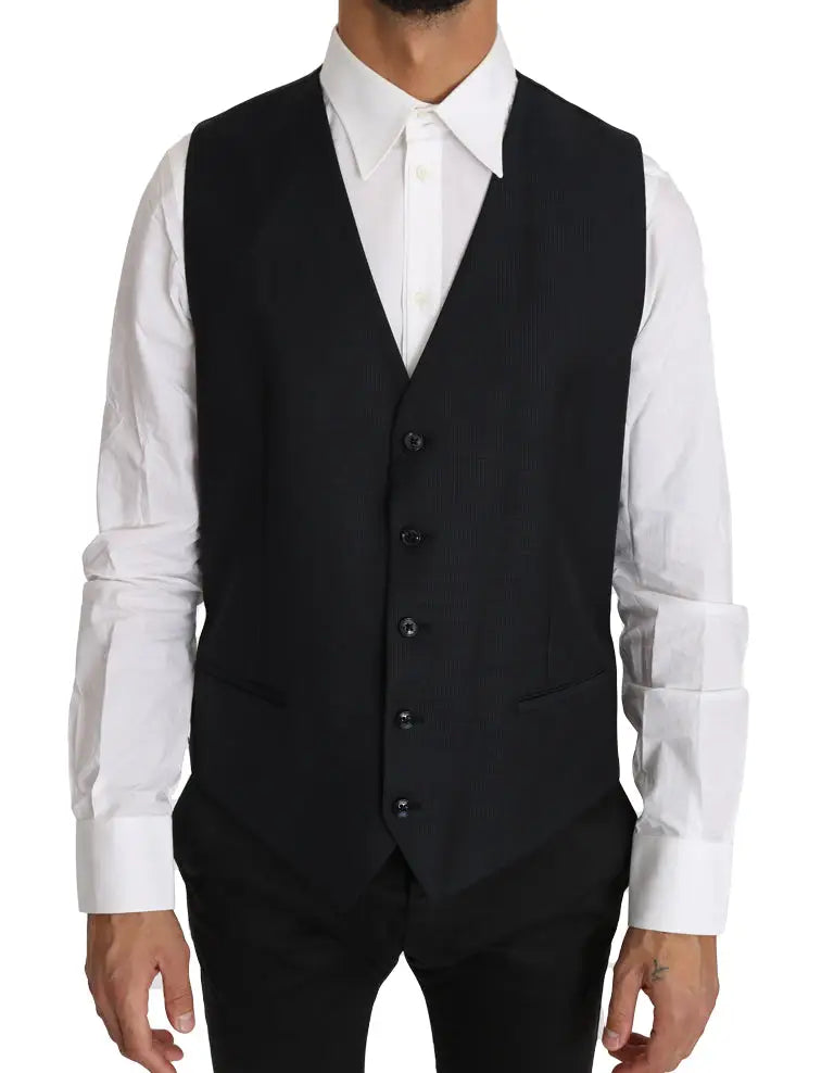 Gilet dolce & gabbana noir en laine et soie avec cinq boutons foncés et coupe ajustée