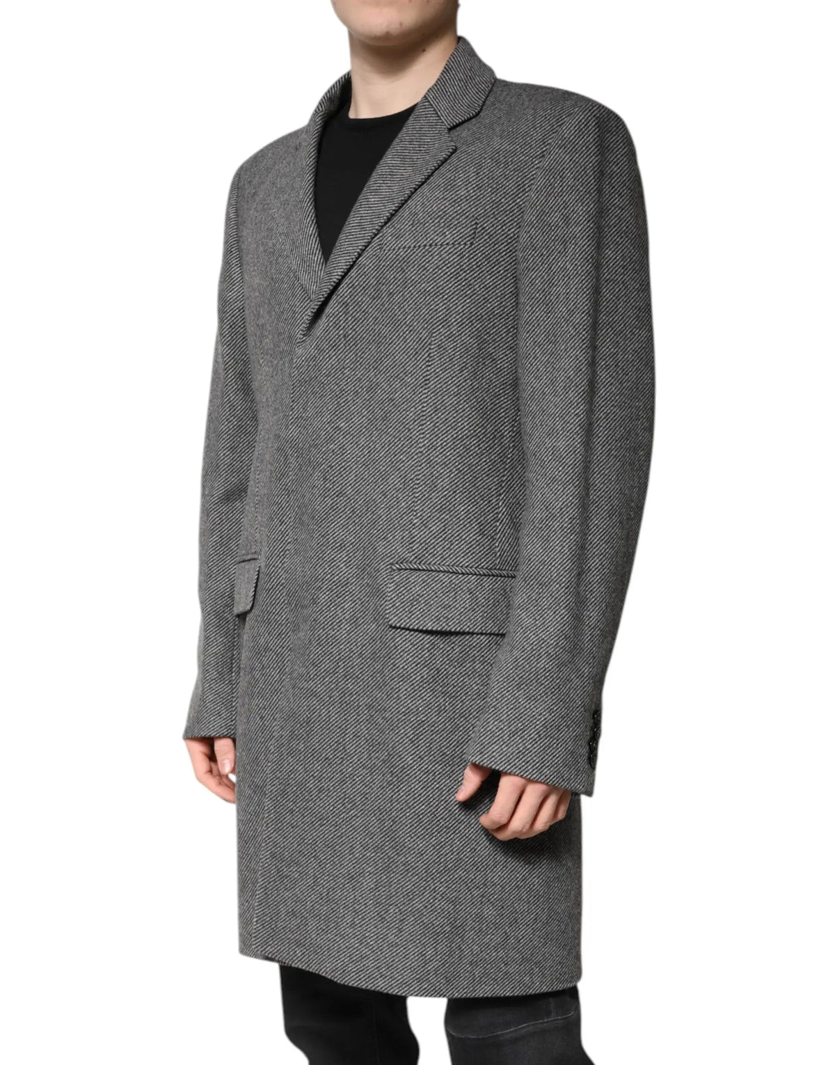 Dolce & gabbana trench gris en laine à chevrons avec col à revers classique et deux poches avant à rabat