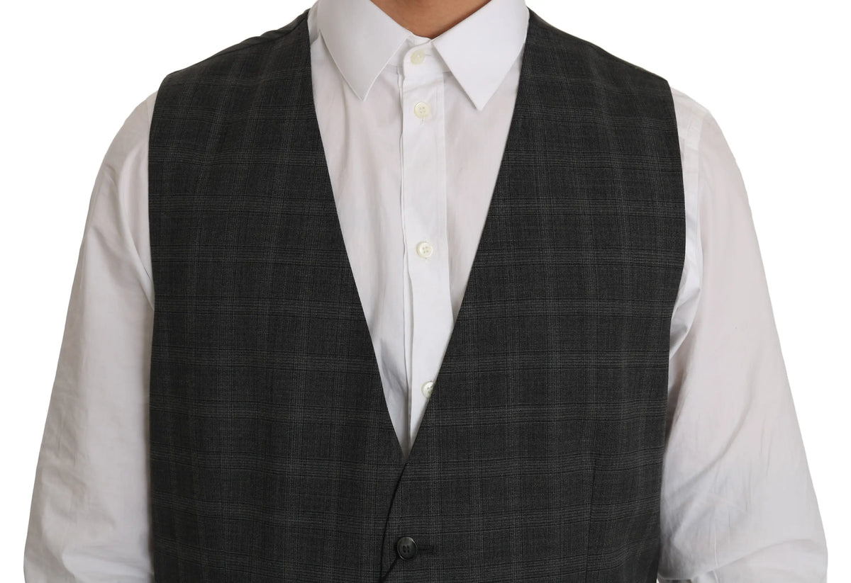Dark gray plaid wool vest with single button closure from dolce & gabbana for stylish layering