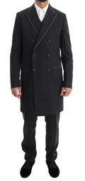 Manteau noir croisé avec bordure foncée contrastante et design classique dans le costume gris en laine stretch dolce & gabbana