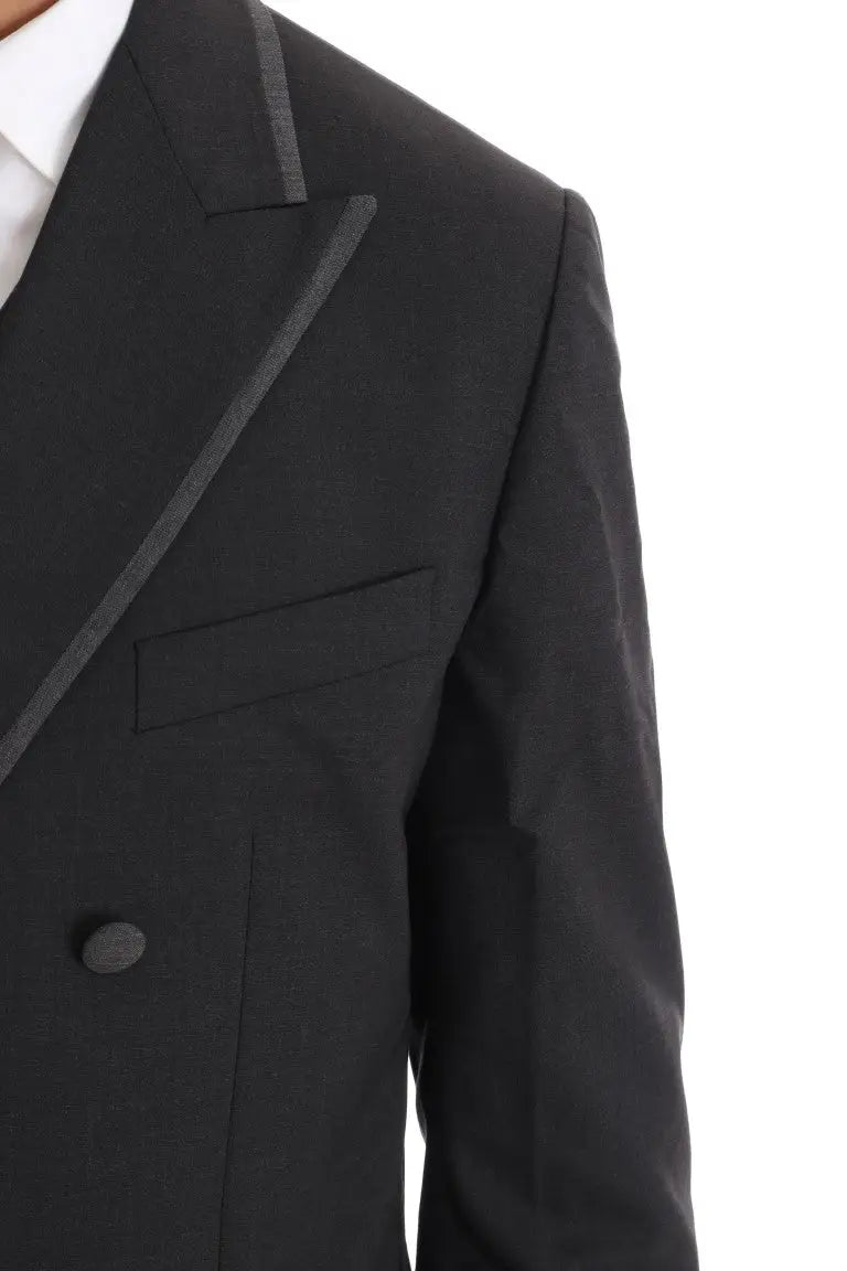 Veste noire double boutonnage dolce gabbana avec bordure satin grise contrastante et bouton unique foncé en laine stretch