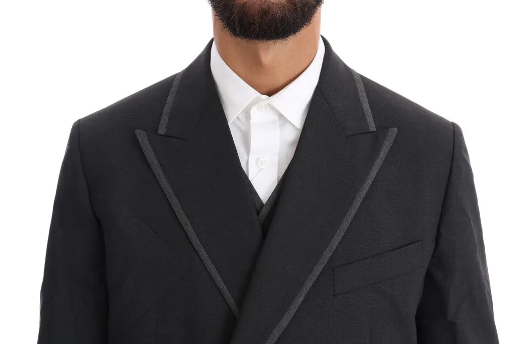 Veste de costume noir croisée dolce gabana avec bordure satin gris foncé en laine stretch pour costume trois pièces