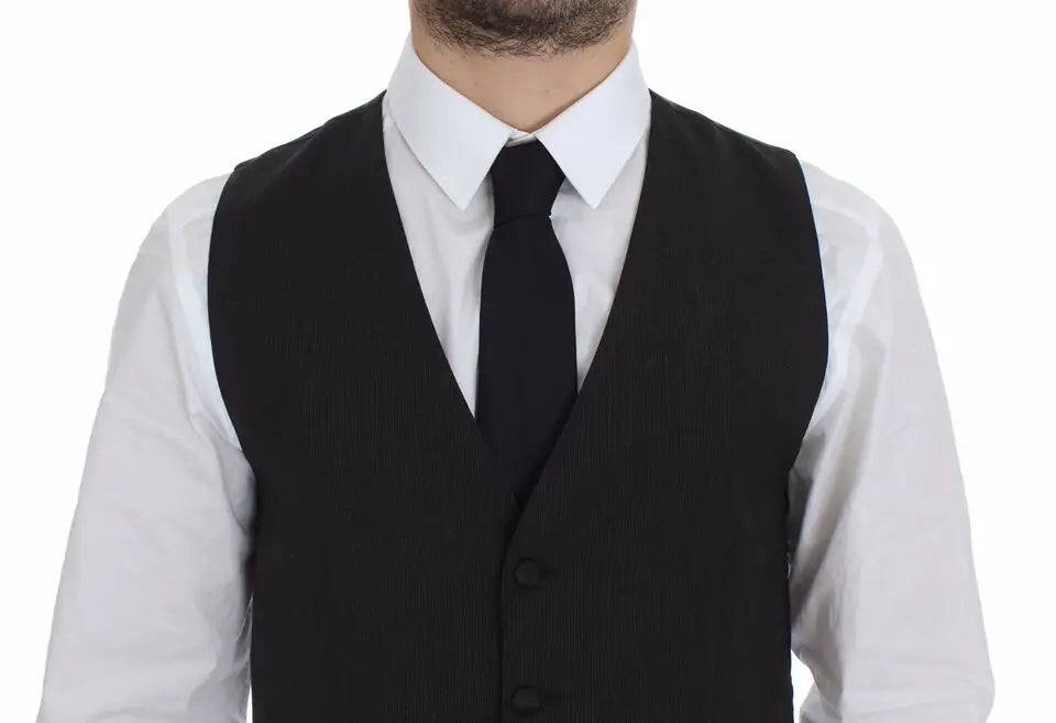 Dolce & gabbana gilet habillé en laine grise stretch à trois boutons avec coupe ajustée noire