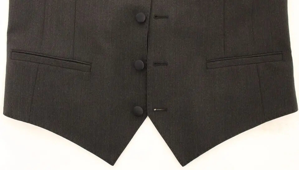 Dolce & gabbana gilet noir à fines rayures en laine stretch avec trois boutons et poches à rabat