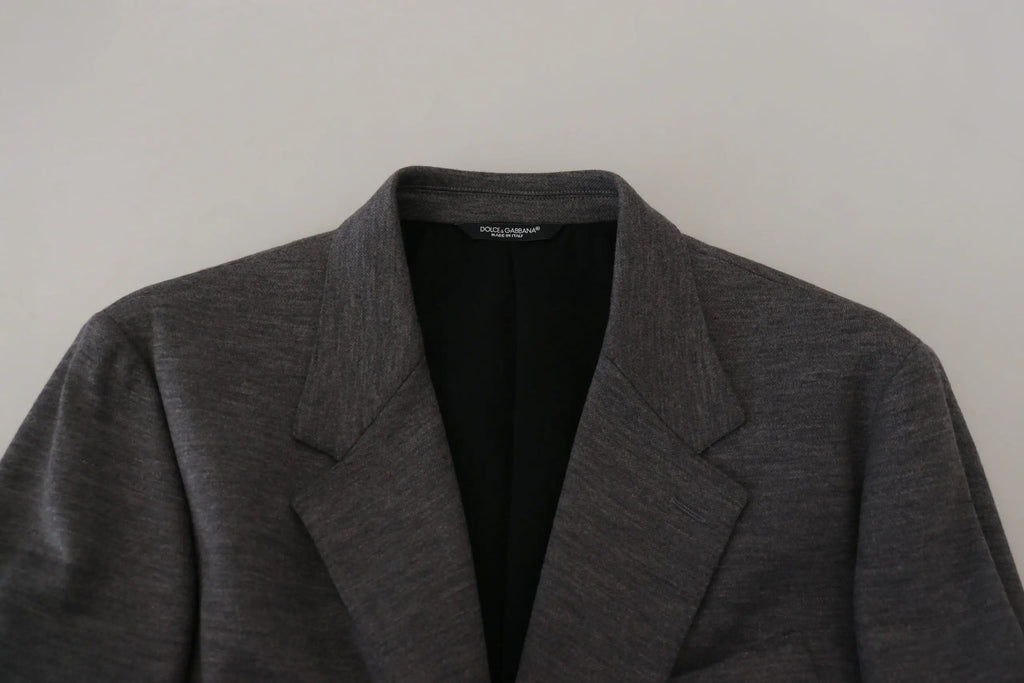 Blazer dolce gabbana gris en laine extensible slim fit avec doublure noire et étiquette logo visible au col