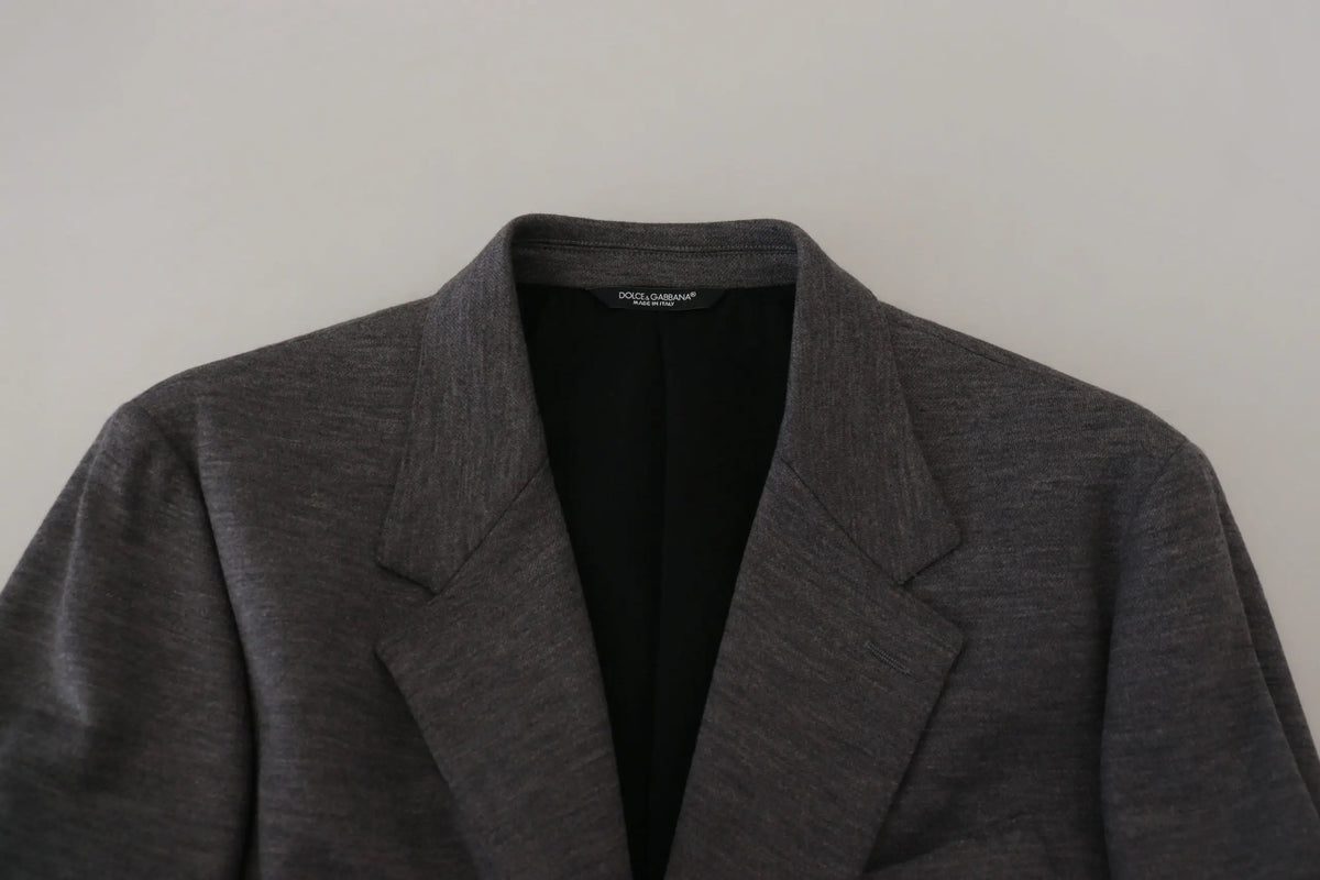 Blazer dolce gabbana gris en laine extensible slim fit avec doublure noire et étiquette logo visible au col