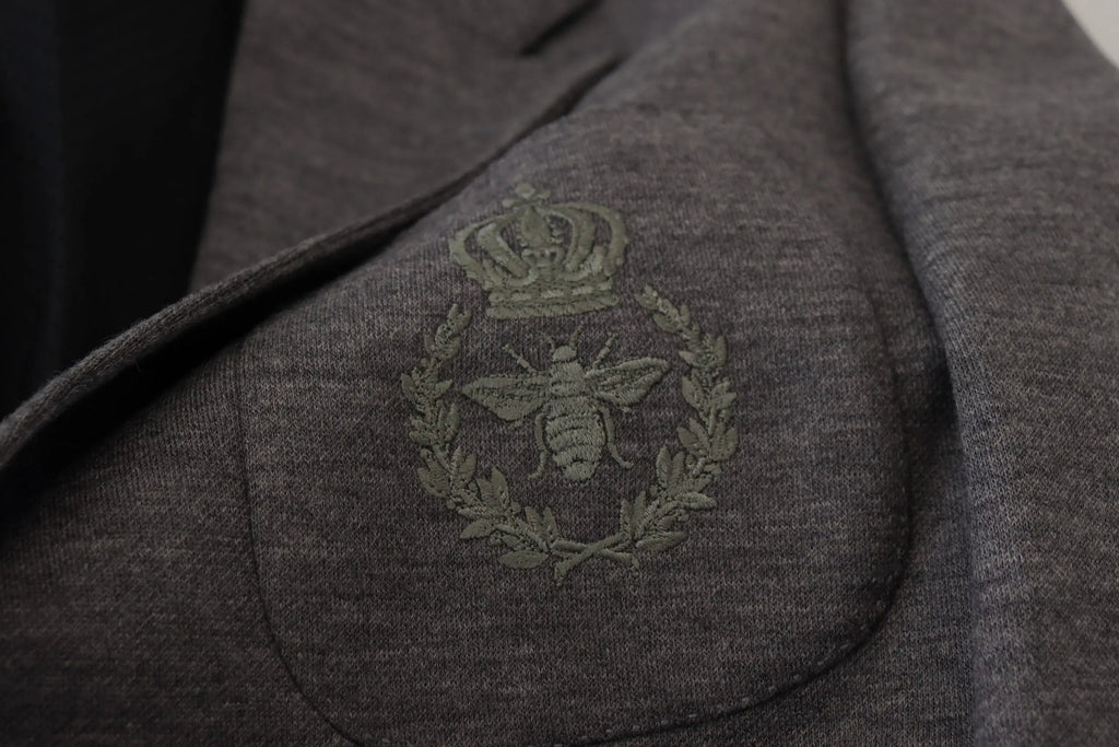 Dolce & gabbana blazer gris foncé en laine stretch avec texture et écusson brodé couronne abeille et couronne de laurier