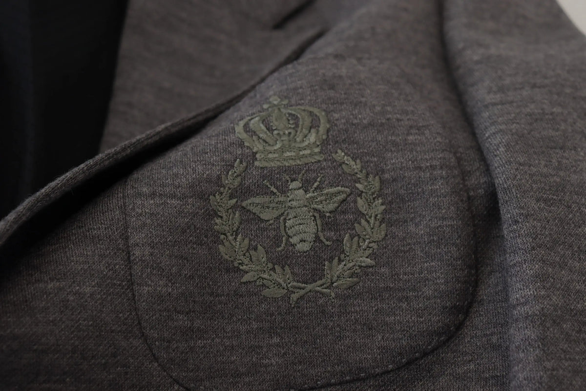 Dolce & gabbana blazer gris foncé en laine stretch avec texture et écusson brodé couronne abeille et couronne de laurier