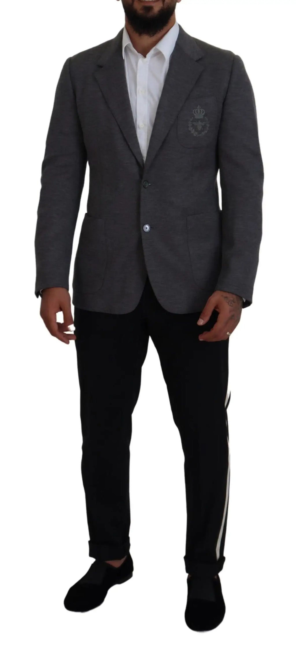 Dolce & gabbana veste blazer grise slim en laine stretch avec un blason brodé subtil sur la poitrine gauche