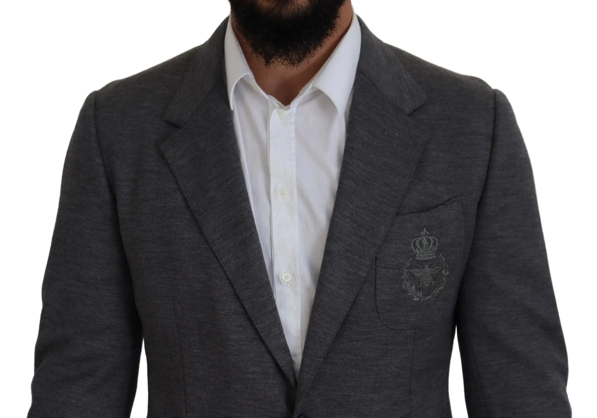 Veste dolce & gabbana gris foncé en laine stretch coupe slim avec blazer texturé et écusson brodé subtil sur la poche poitrine