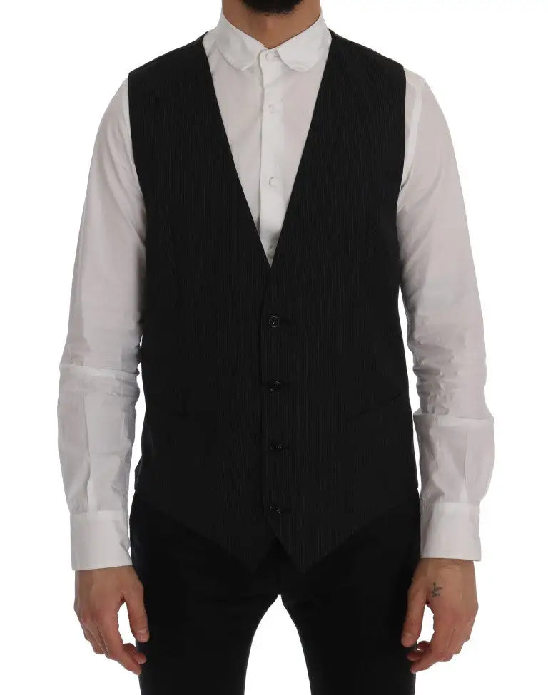 Dolce & gabbana gray wool stretch vest en noir rayé avec cinq boutons noirs en laine