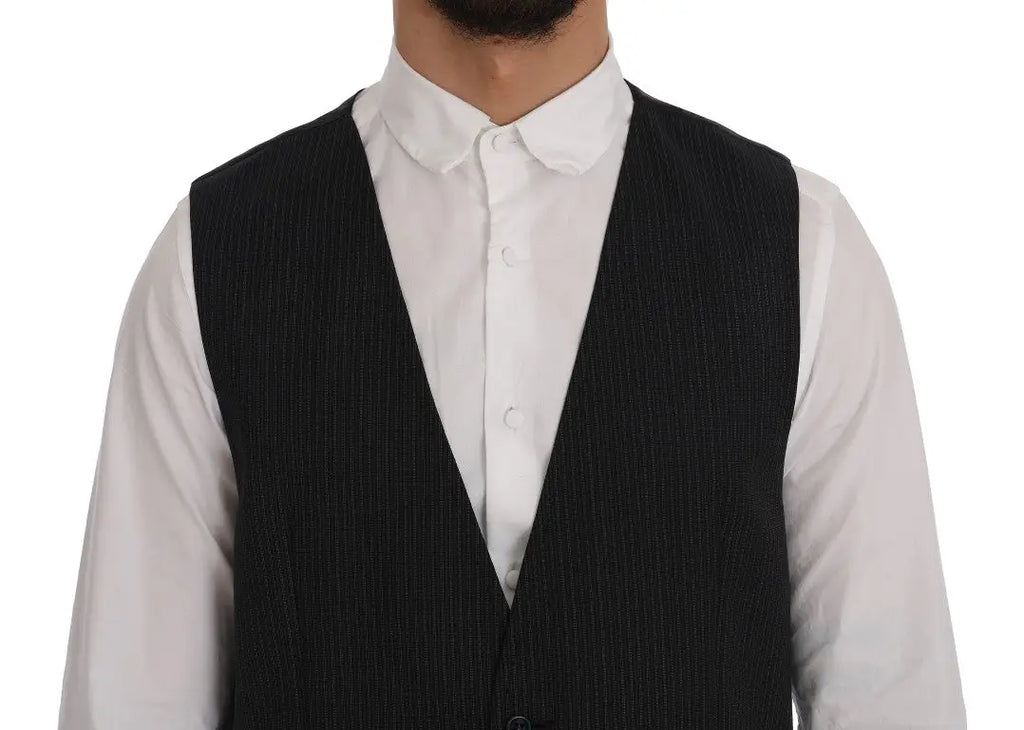 Dolce & gabbana gilet en laine gris à rayures fines noir avec col en v classique et fermeture à un bouton