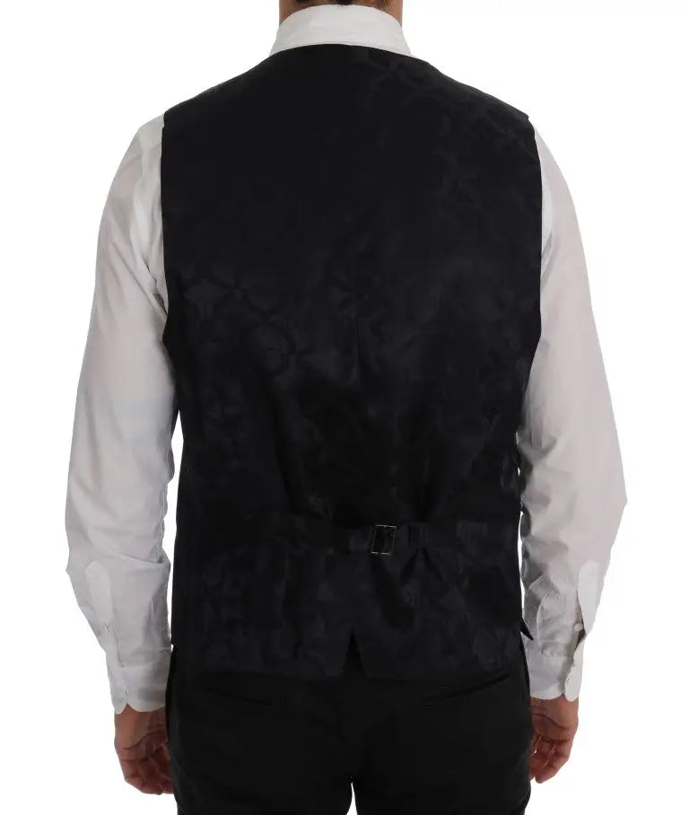 Dolce & gabbana gray wool stretch vest with black patterned velvet front and subtle floral design with central buckle