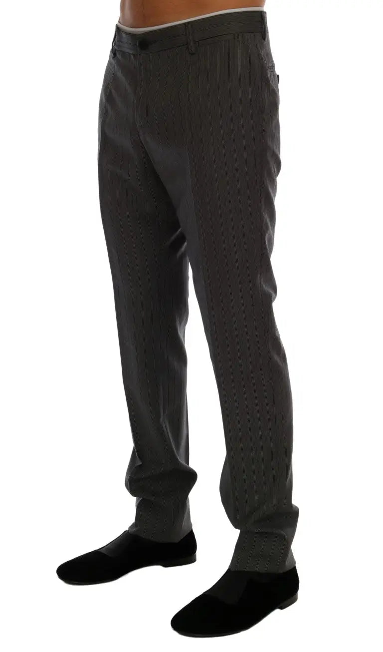 Pantalon formel dolce & gabbana en laine grise à rayures avec coupe ajustée et passants pour ceinture