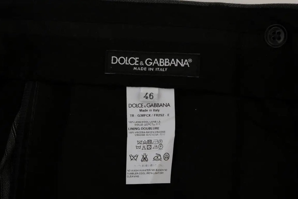 Pantalon dolce & gabbana formel rayé en laine grise avec étiquette made in italy en cuir dagneau noir 100%