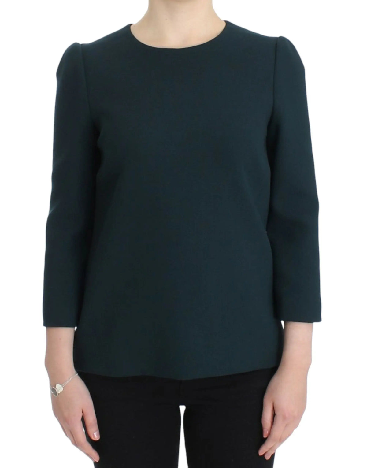 Blouse dolce & gabbana en laine verte foncée à manches trois quarts avec épaules légèrement bouffantes et col rond
