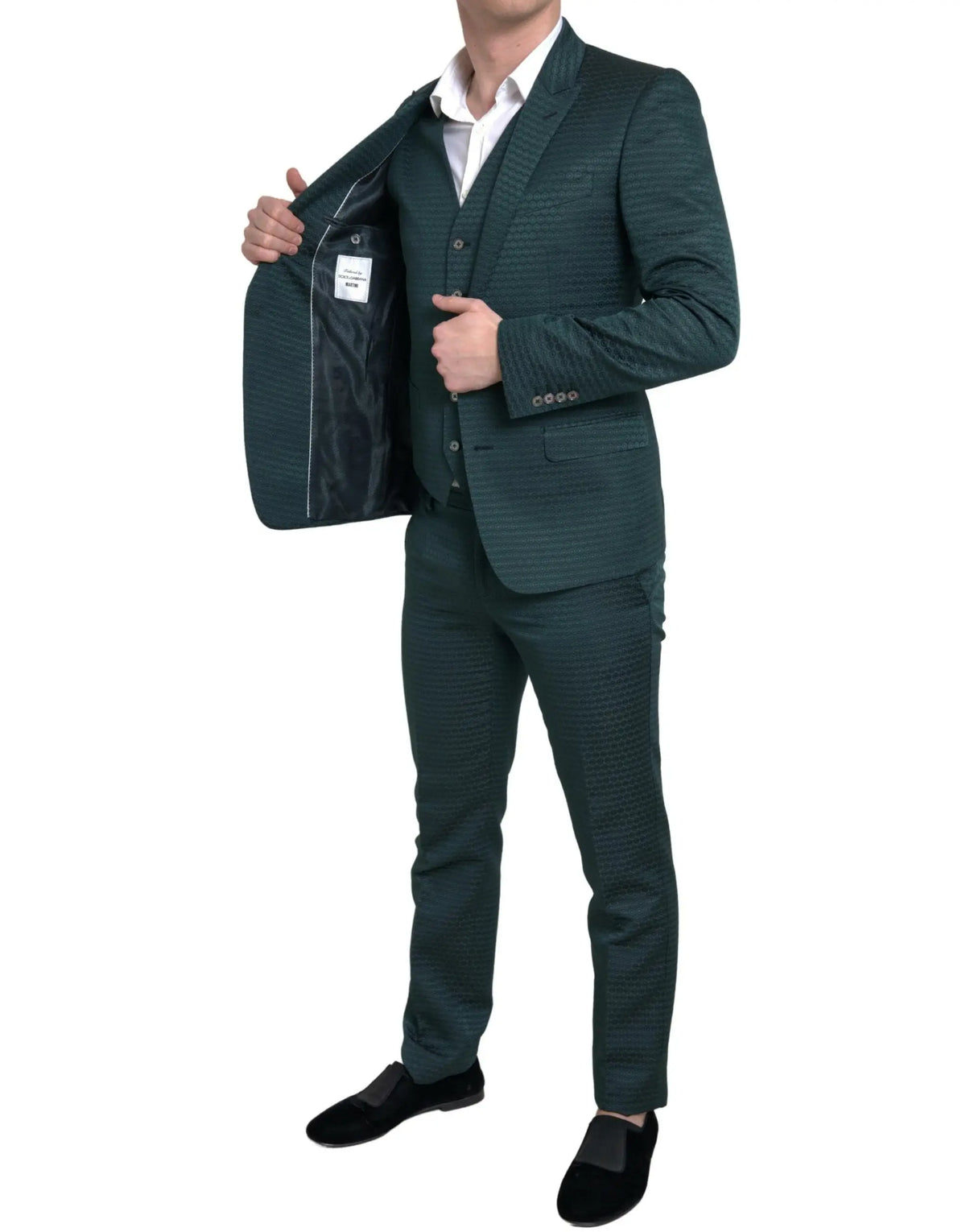 Ensemble de costume trois pièces dolce & gabbana vert foncé texturé comprenant veste simple boutonnage et pantalon assorti