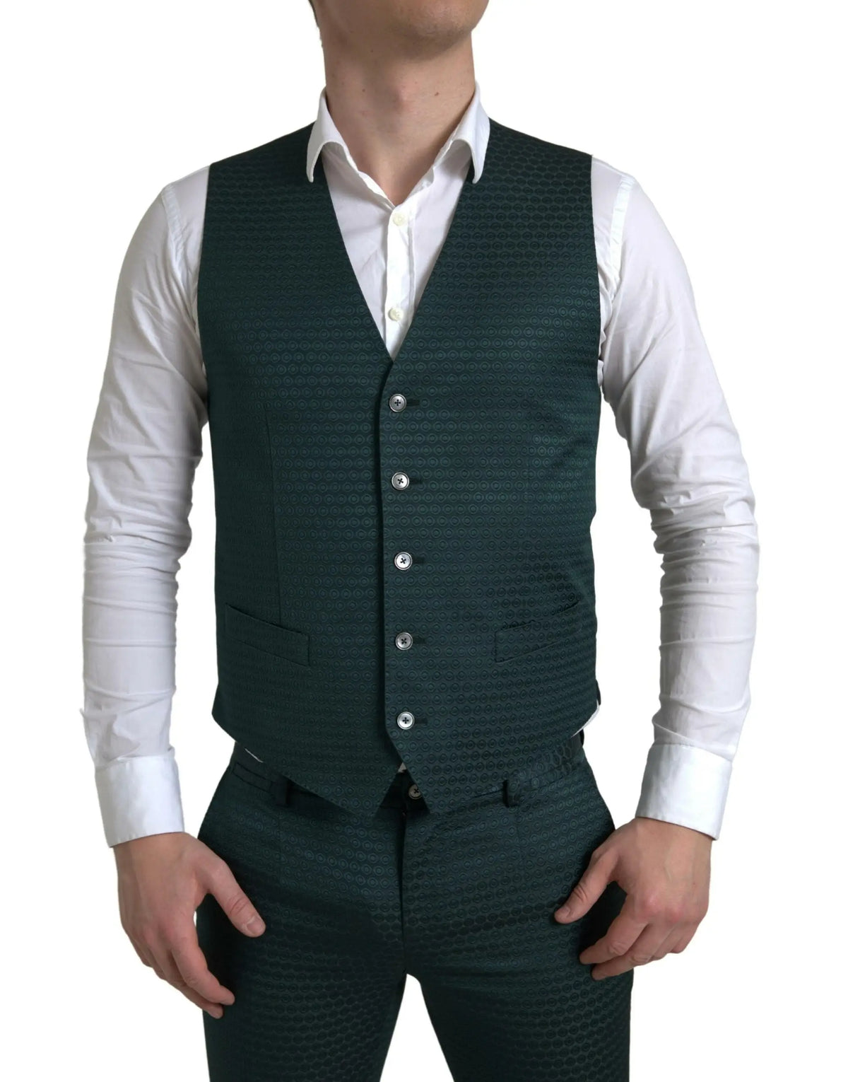 Waistcoat vert foncé texturé avec cinq boutons argentés et motif subtil pour costume martini dolce & gabbana