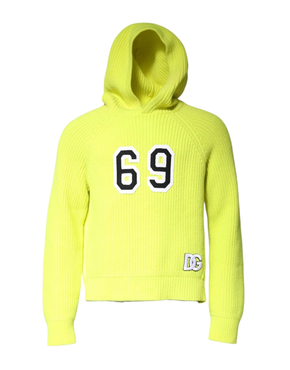 Pull à capuche dolce & gabbana vert 69 en maille côtelée jaune fluo avec chiffres noirs et blancs et logo dc sur la manche