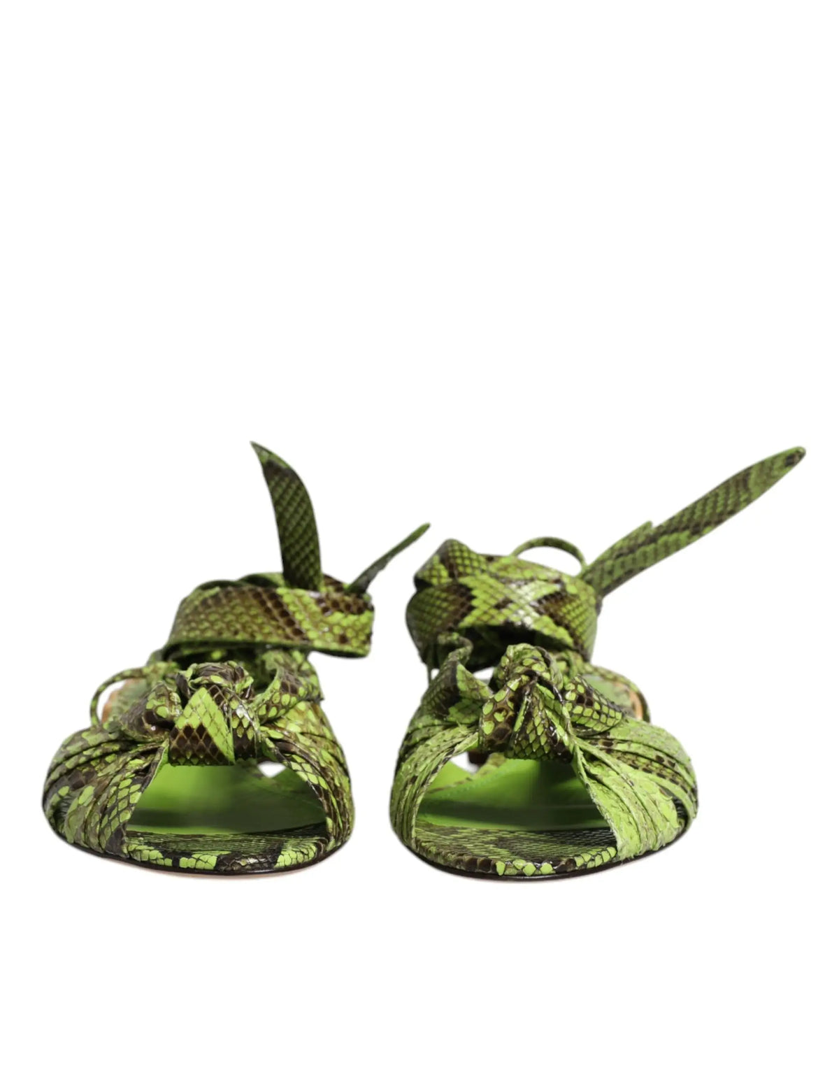 Sandales à nouer aux chevilles dolce & gabbana vertes en cuir imprimé serpent avec détails noués élégants