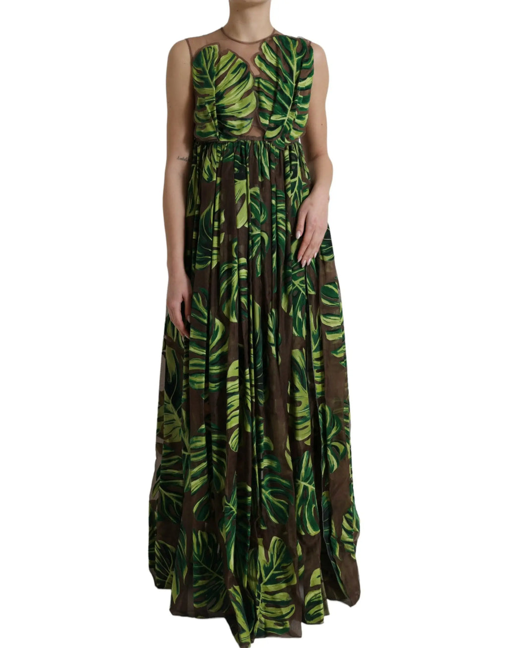 Robe maxi longue sans manches dolce & gabbana à motif feuilles de bananier vert et marron