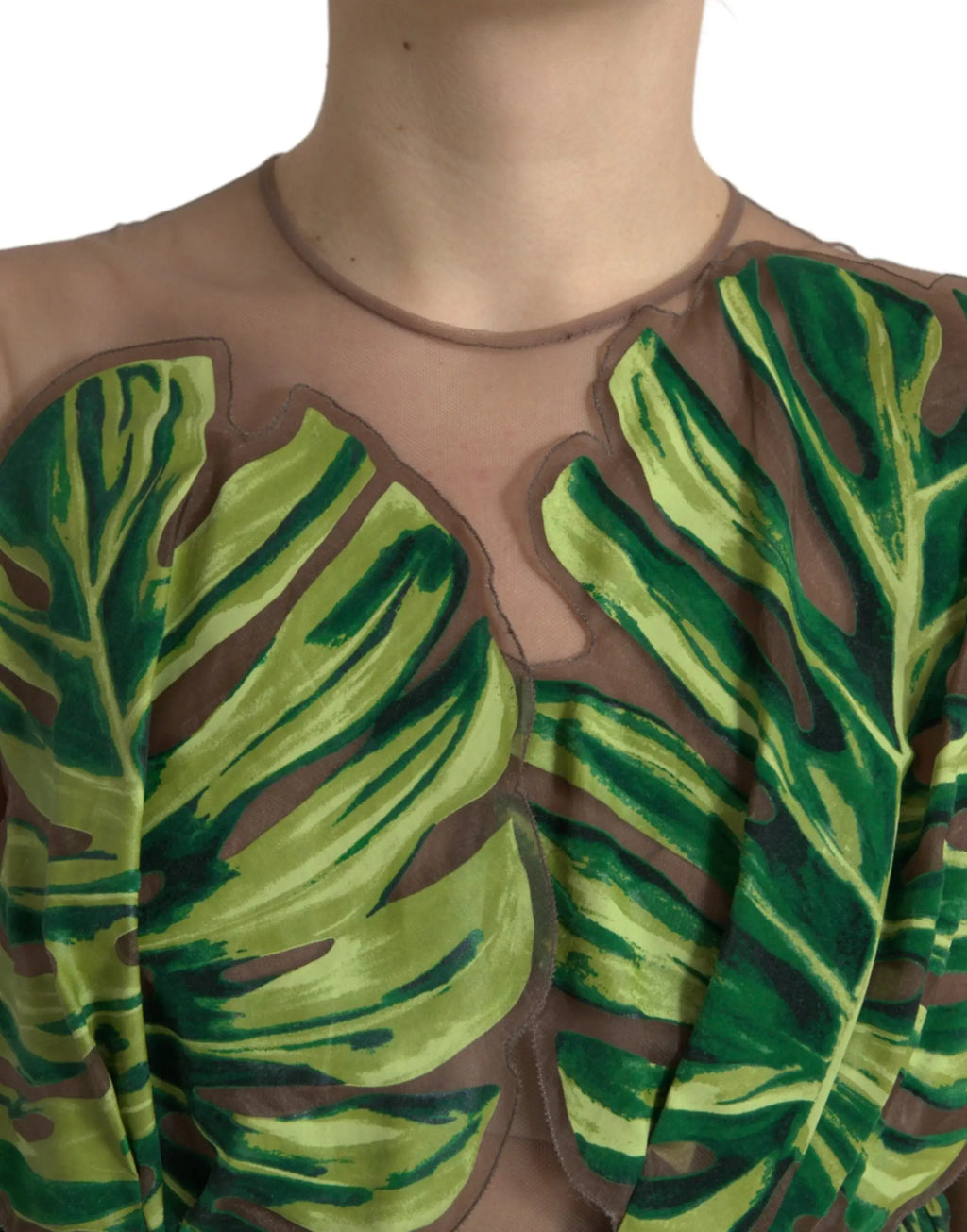 Un top en maille marron transparent avec des motifs de feuilles vertes et lime et un col découpé dolce & gabbana banana leaf