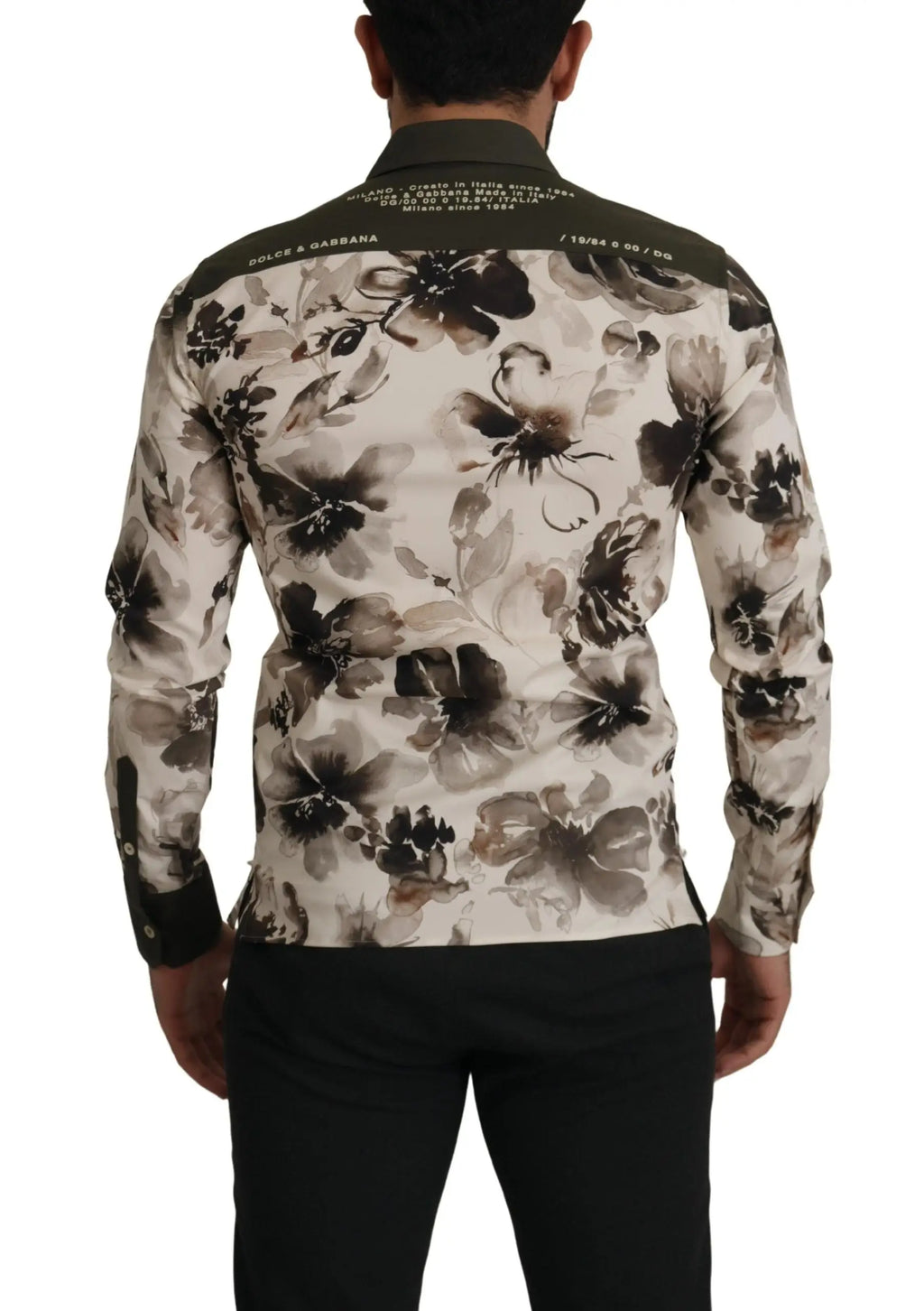 Chemise homme à manches longues dolce et gabbana en coton beige avec motifs floraux noirs et gris et col vert foncé