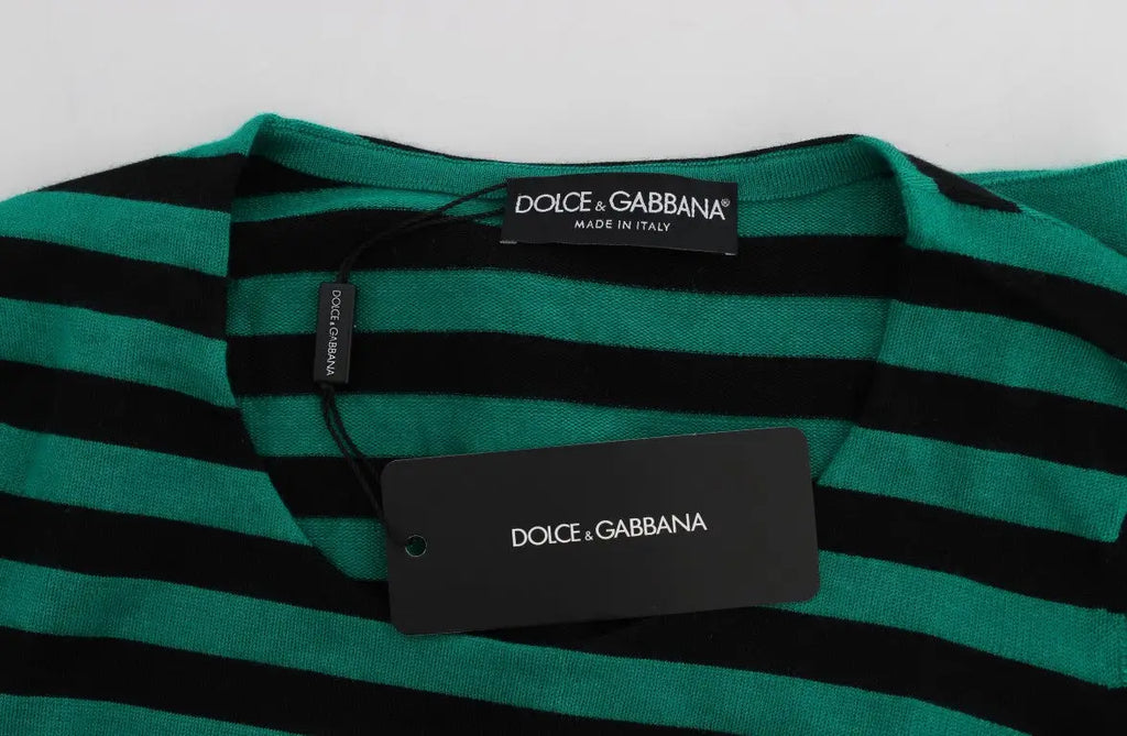 Dolce & gabbana pull vert et noir en soie et cachemire à rayures horizontales avec col côtelé