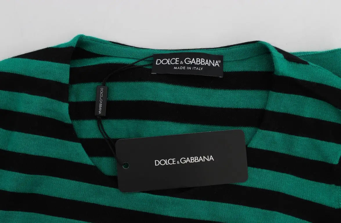 Dolce & gabbana pull vert et noir en soie et cachemire à rayures horizontales avec col côtelé