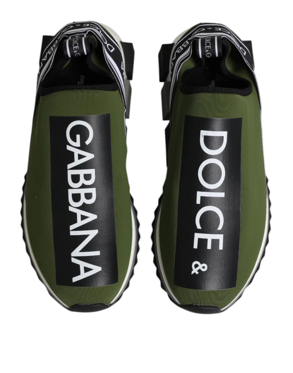 Dolce & gabbana green black slip on sneakers with olive green elastic upper, black branding panels, and chunky white sole