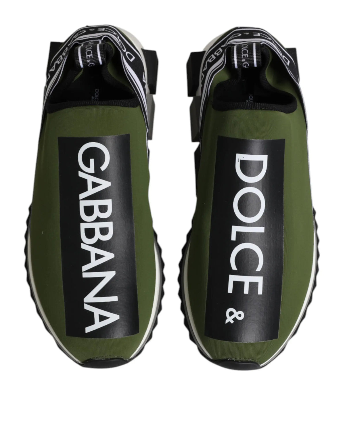 Dolce & gabbana green black slip on sneakers with olive green elastic upper, black branding panels, and chunky white sole