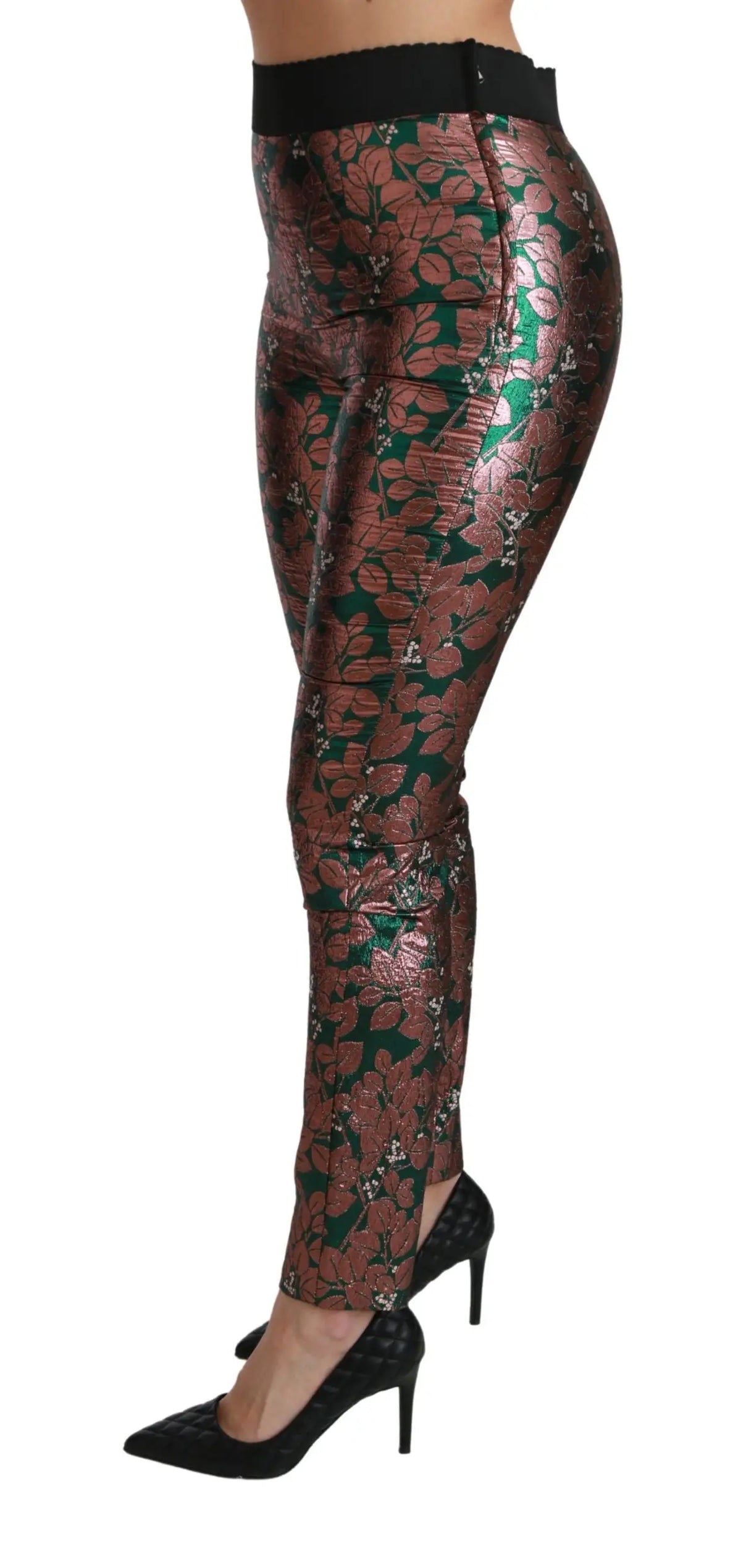 Legging métallisé brillant dolce & gabbana avec motif feuille vert bronze et ceinture élastique noire