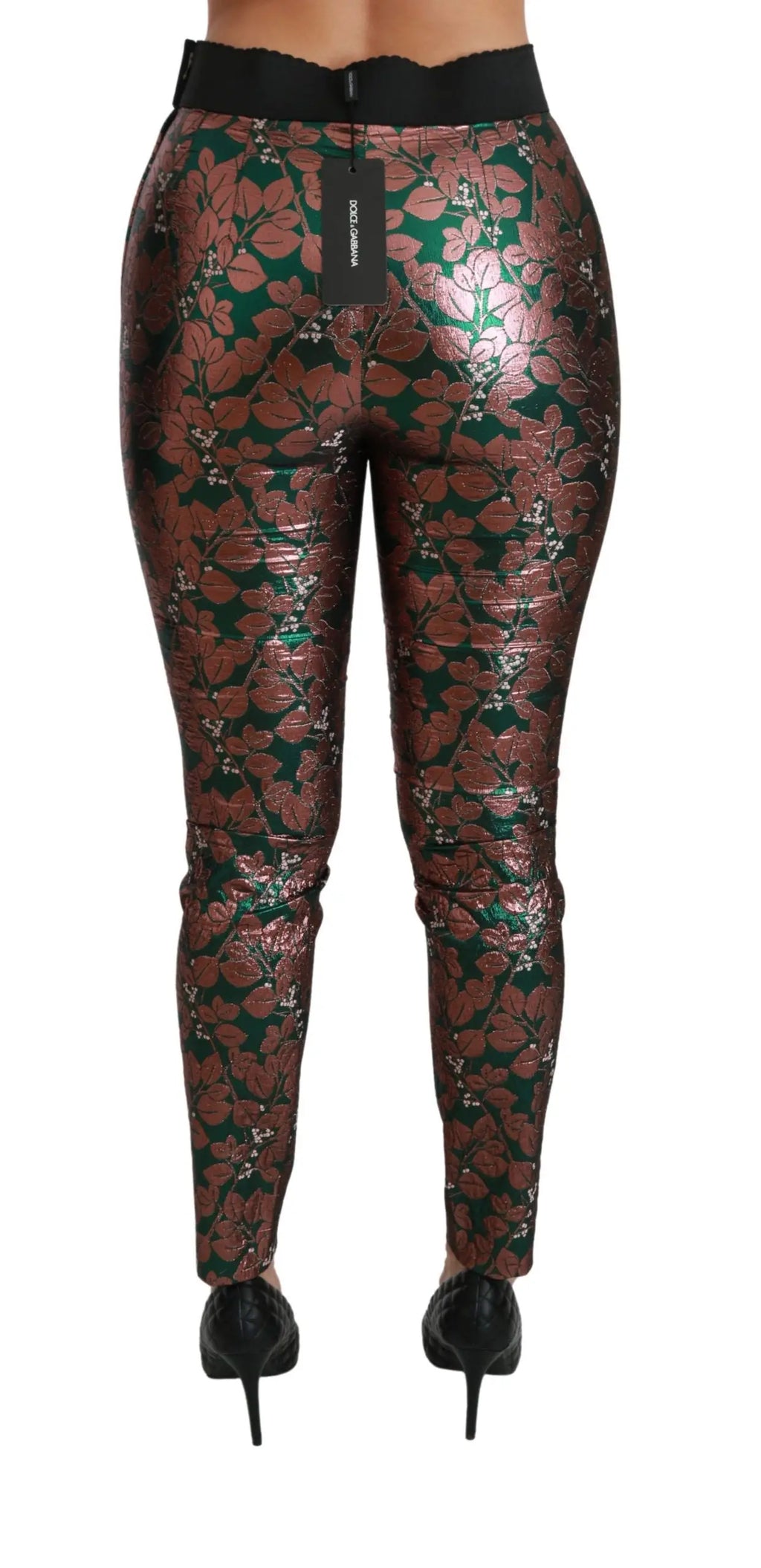 Legging métallisé brillant dolce & gabbana vert avec motif floral vert et bronze et taille élastique noire