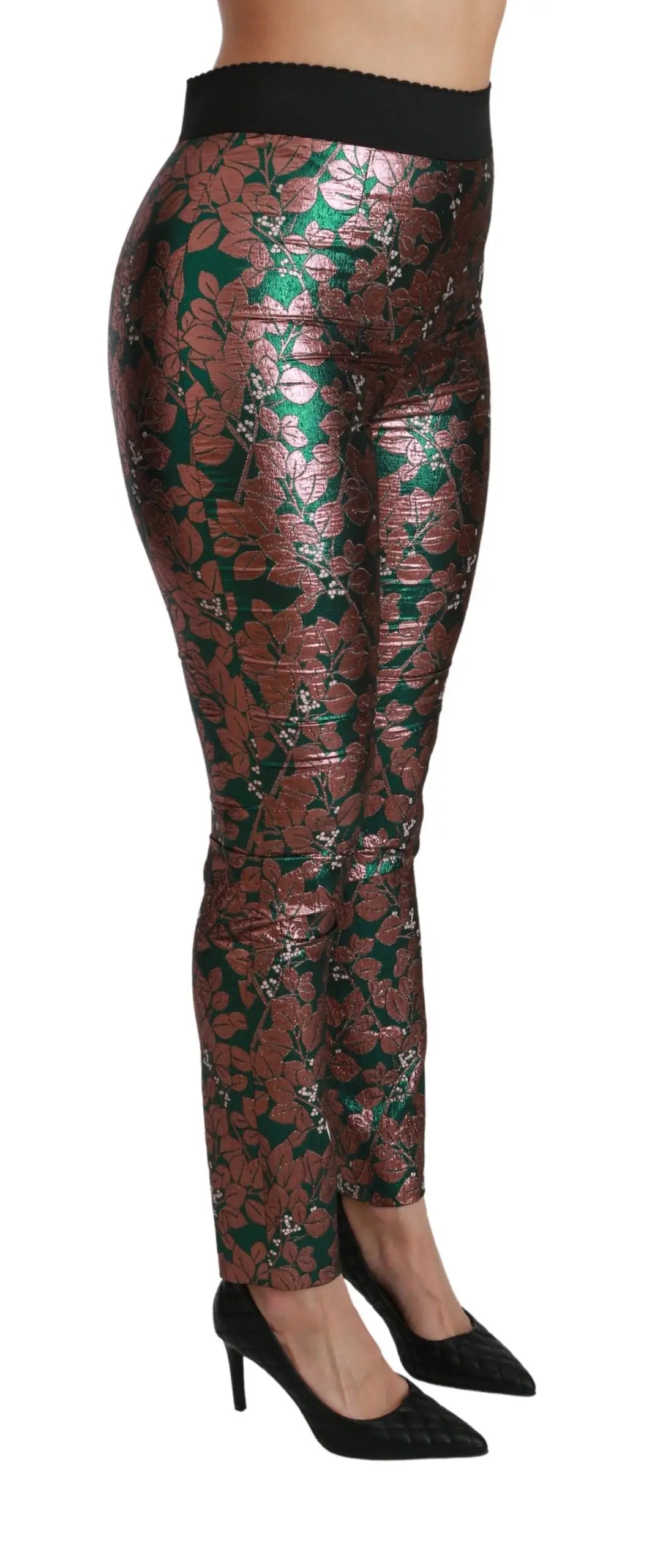 Leggings métalliques brillants dolce & gabbana avec motif floral bronze vert émeraude ceinture élastique noire