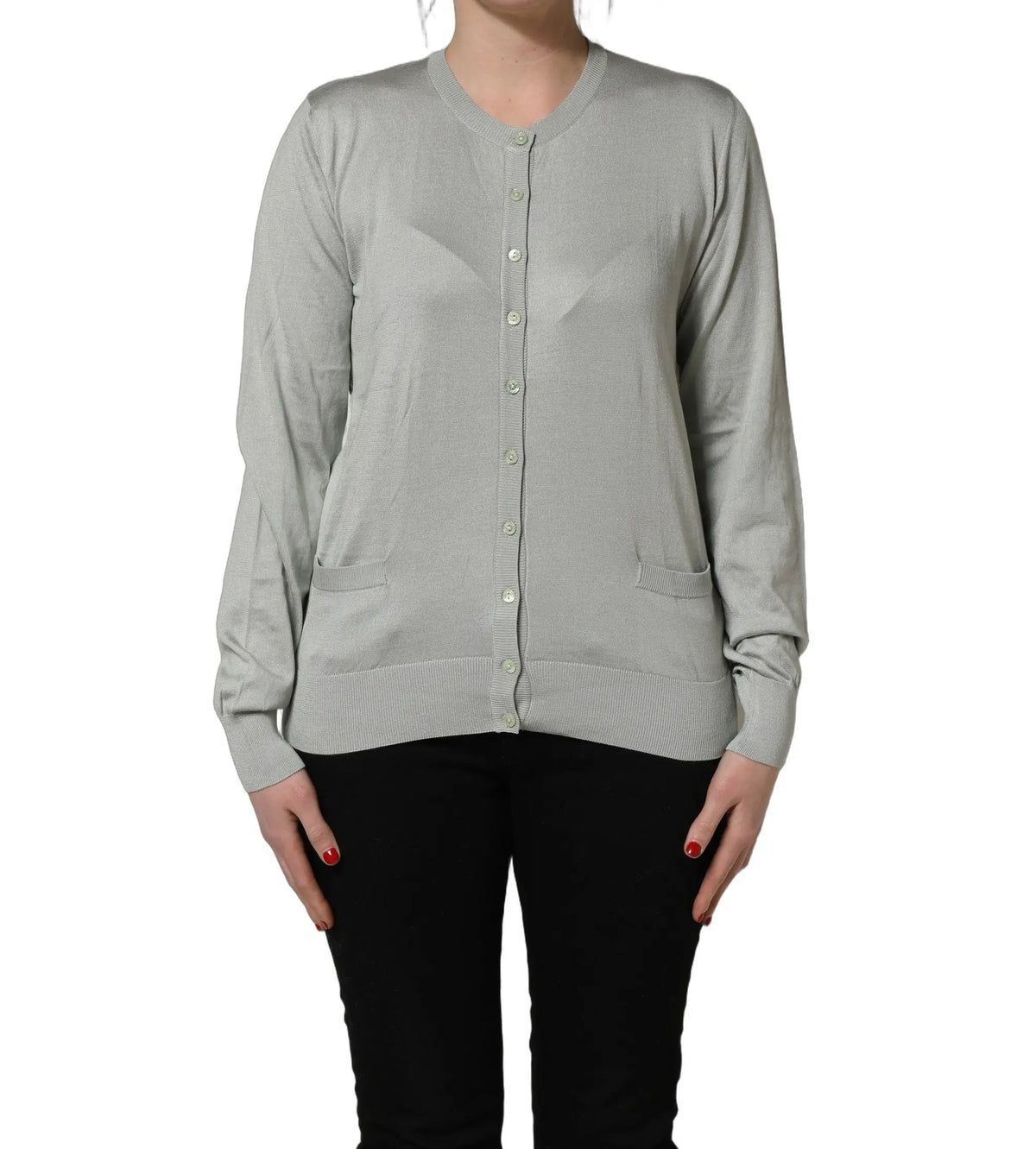 Cardigan long Dolce & Gabbana en soie verte boutonné avec manches longues et poches latérales en maille grise douce