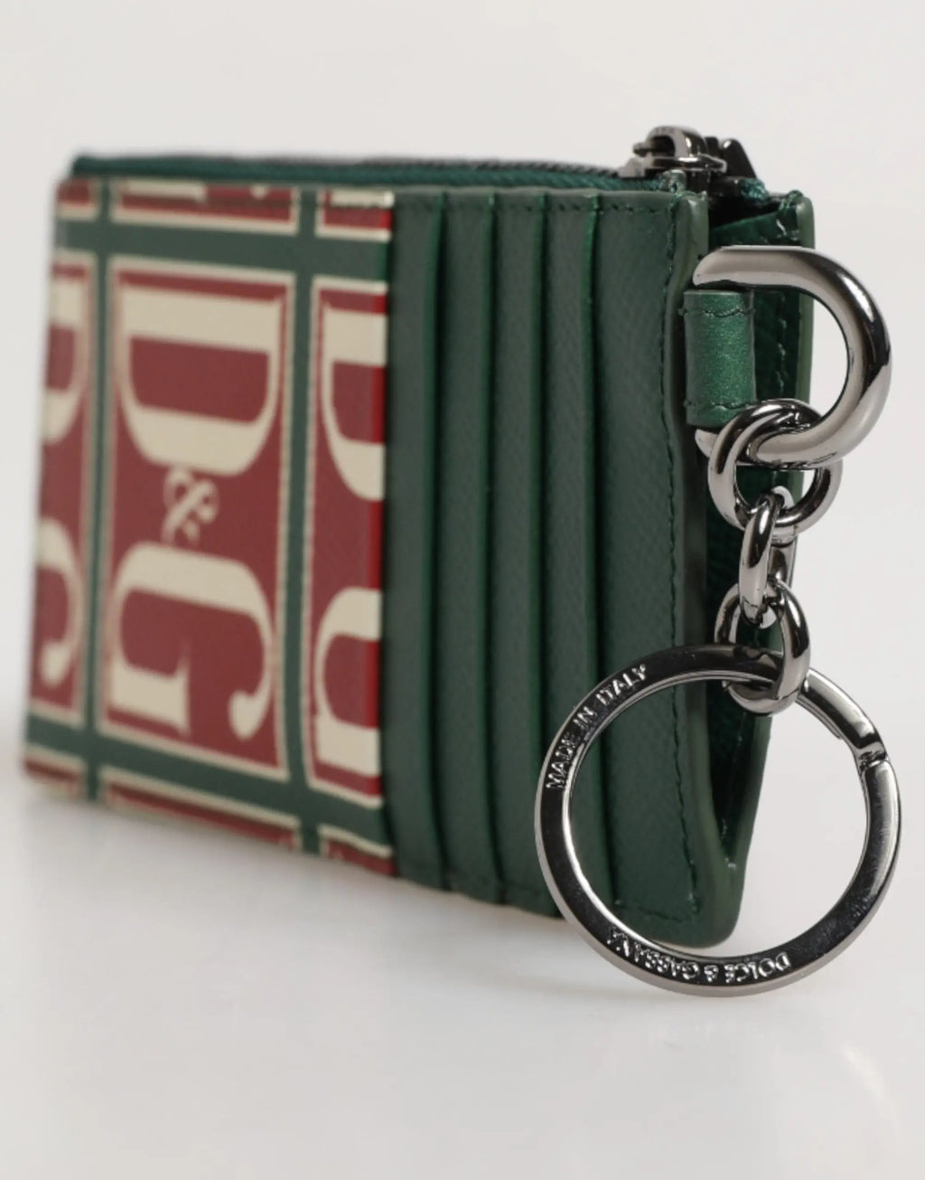 Porte-cartes dolce & gabbana vert en cuir de veau avec impression logo et porte-clés à motif rouge et vert