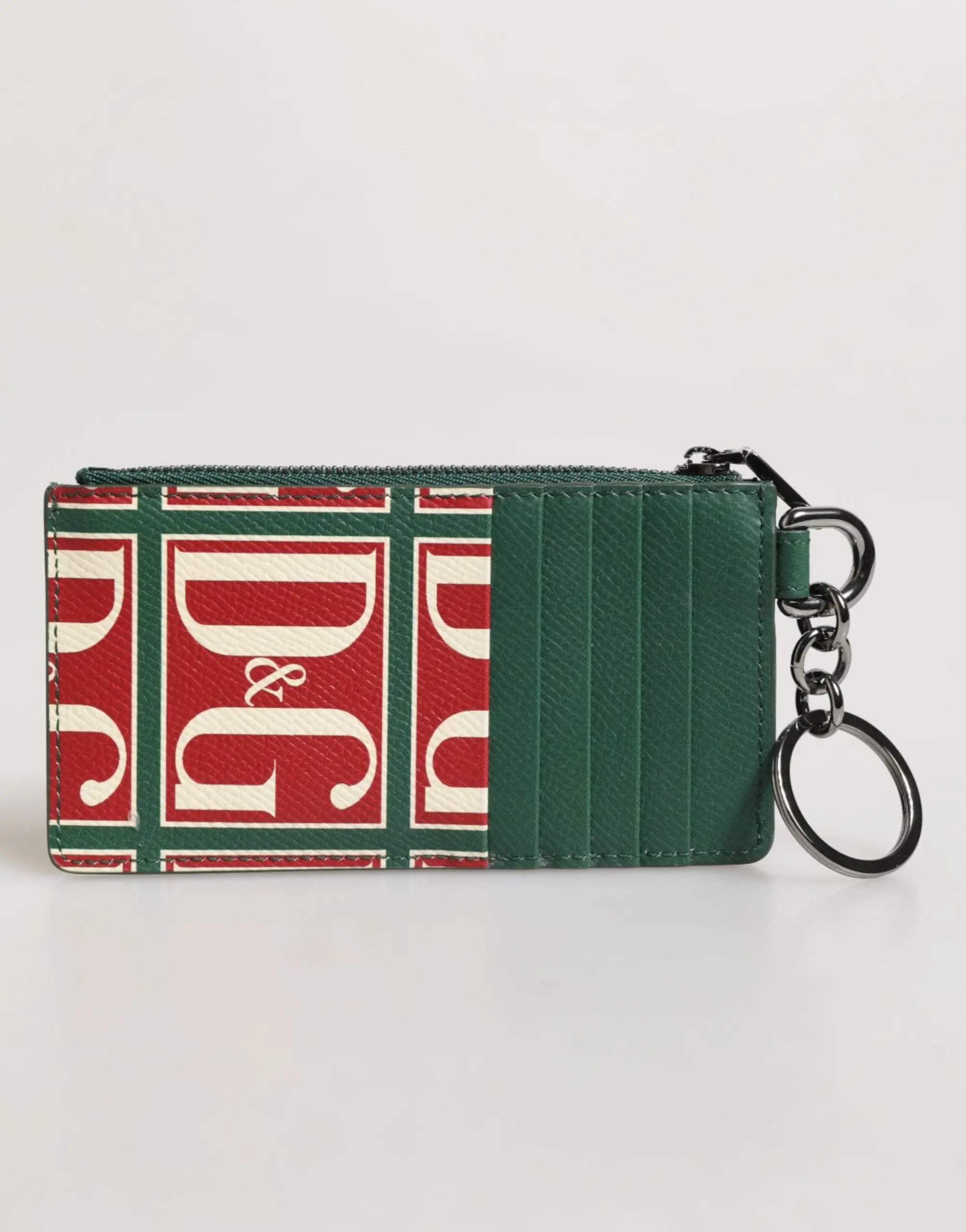 Porte-cartes dolce & gabbana rouge et vert en cuir de veau avec logo imprimé et anneau métal clé