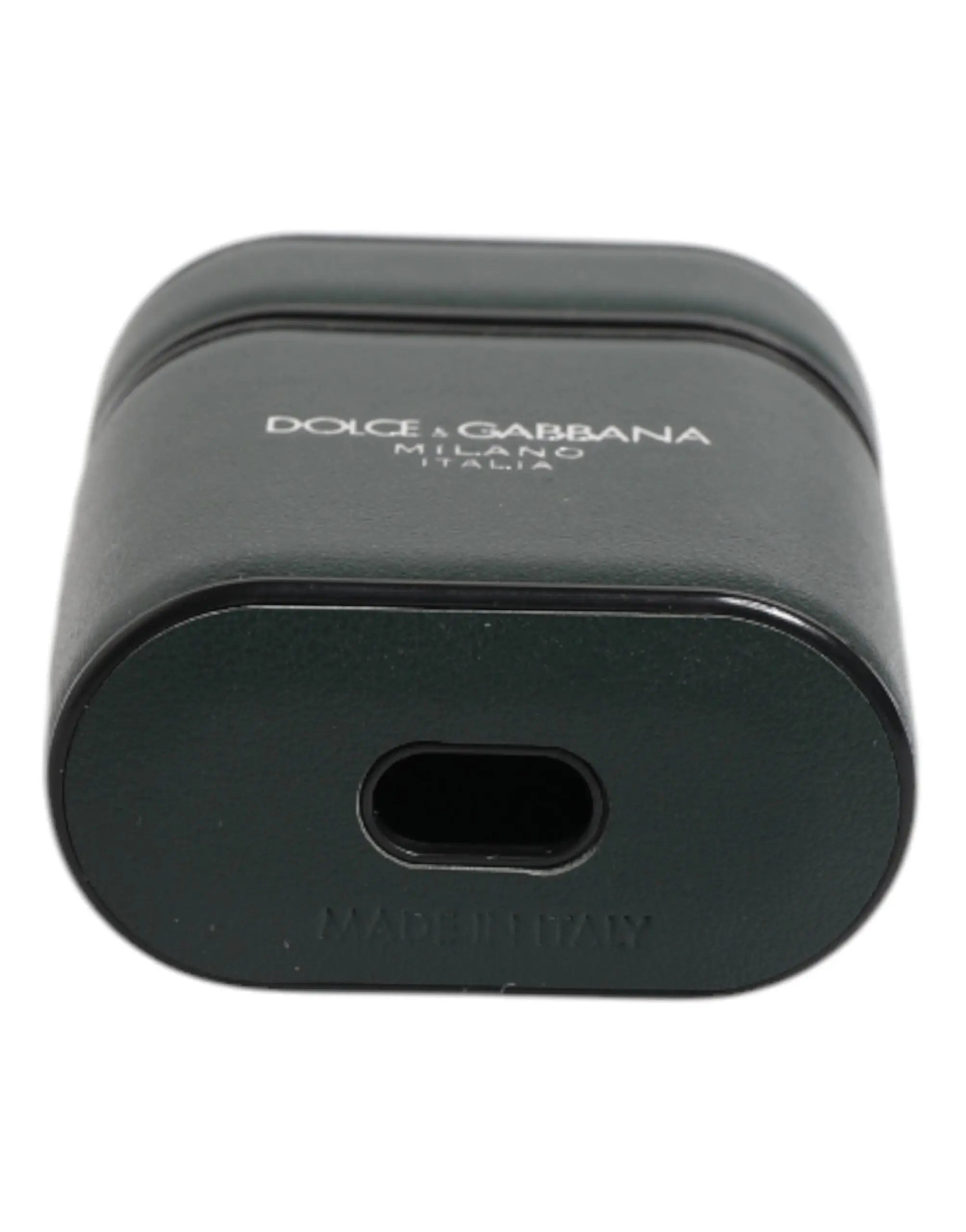 Coque airpods dolce & gabbana milano italie noire en cuir vert veau avec logo et port de charge ovale mat