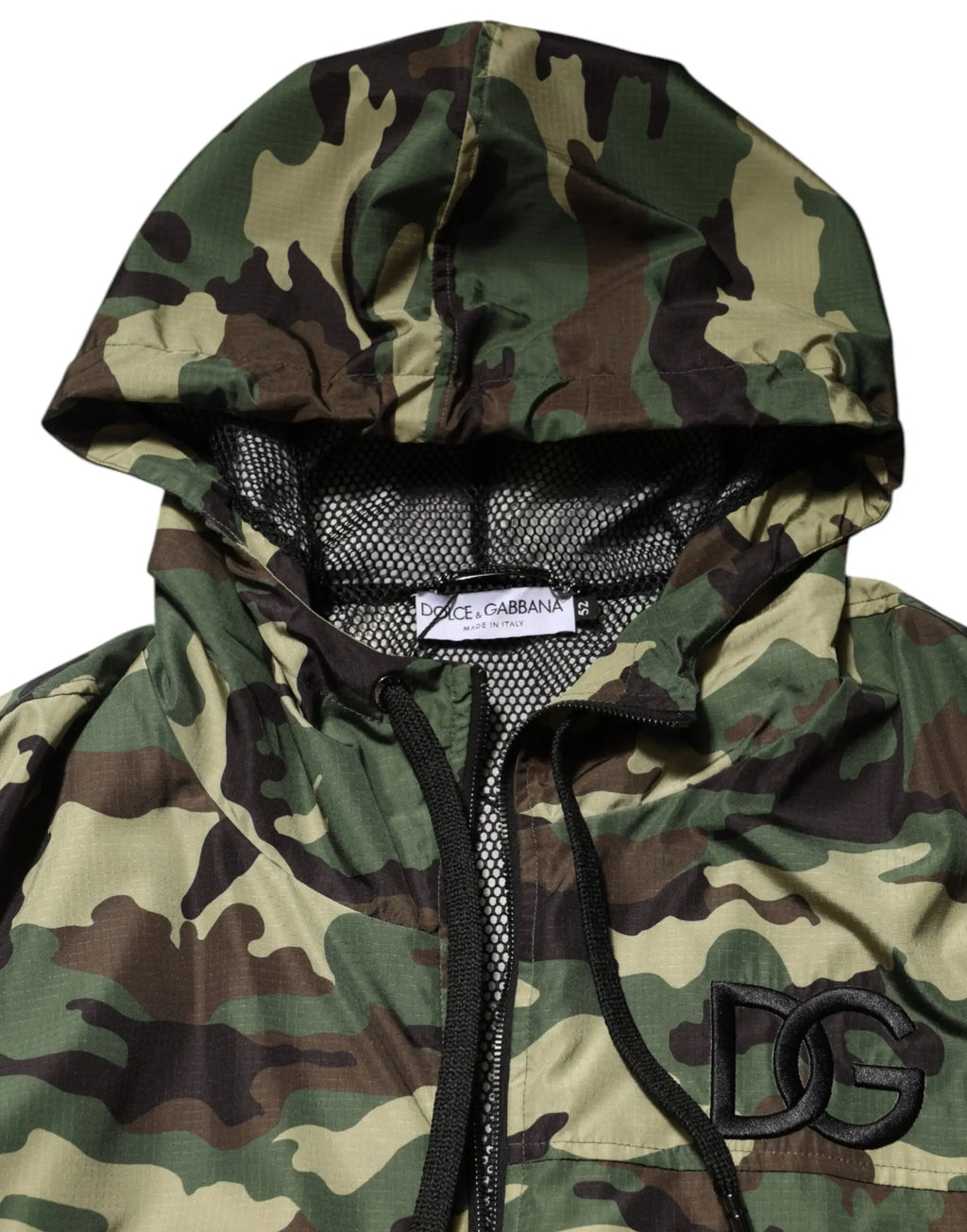 Veste à capuche dolce & gabbana camouflage verte avec logo noir brodé et doublure en mesh