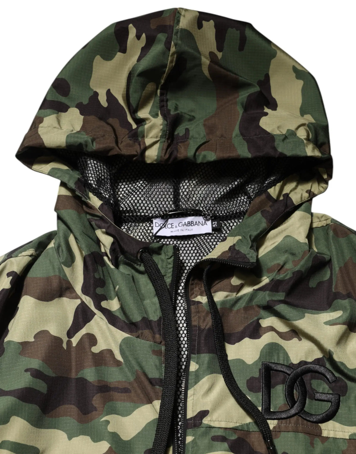 Veste à capuche dolce & gabbana camouflage verte avec logo noir brodé et doublure en mesh