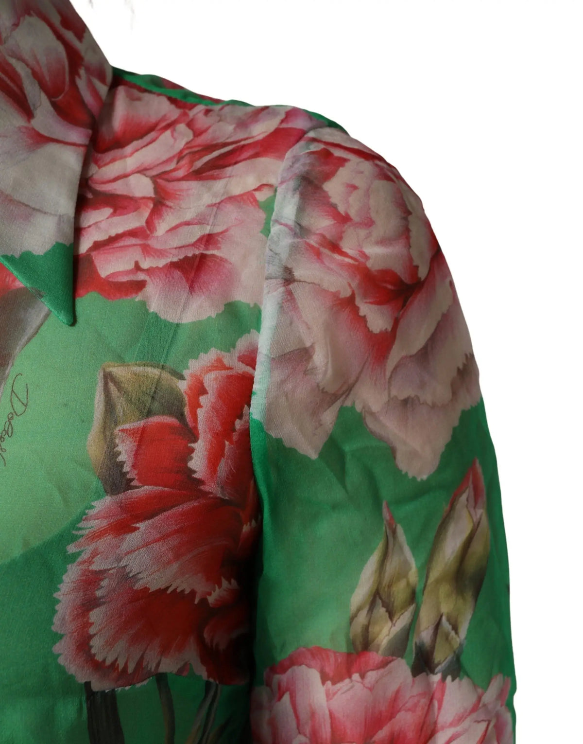 Blouse en soie verte dolce gabbana à col avec grand motif floral de pivoines roses et rouges