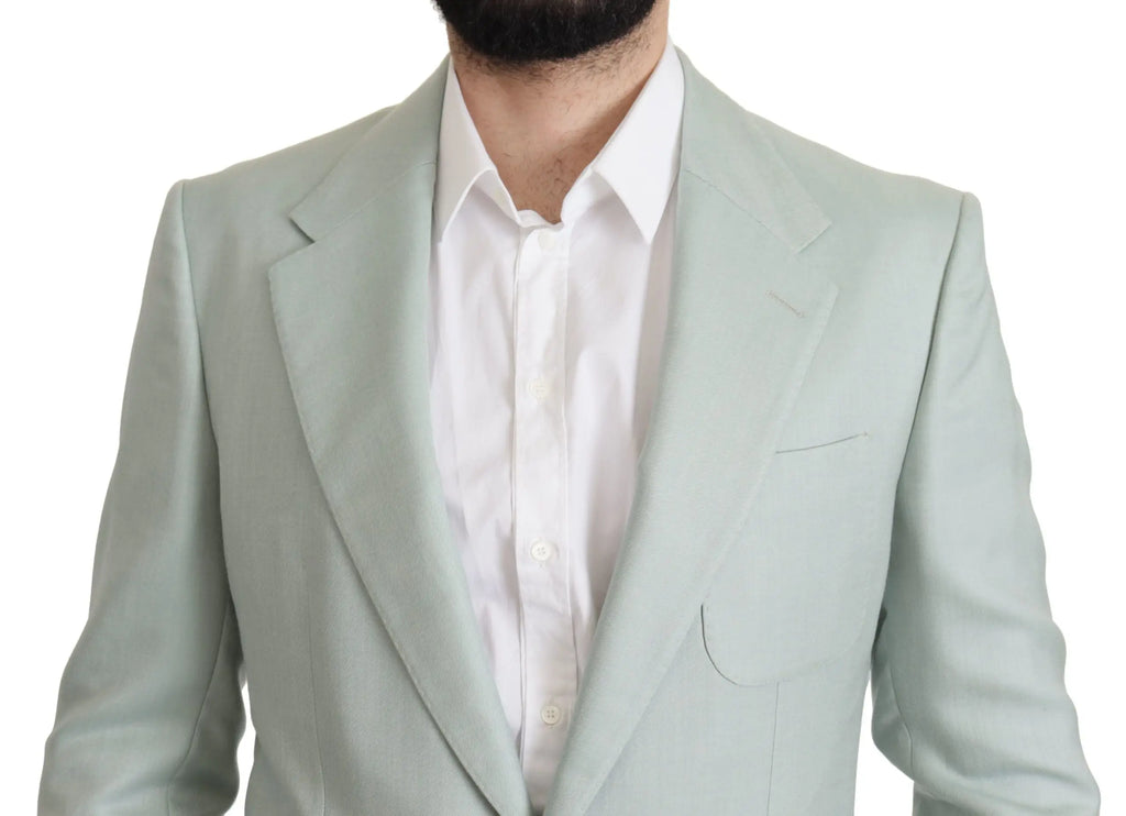 Dolce & gabbana veste blazer vert menthe claire en cachemire avec un col cranté classique portée sur une chemise blanche