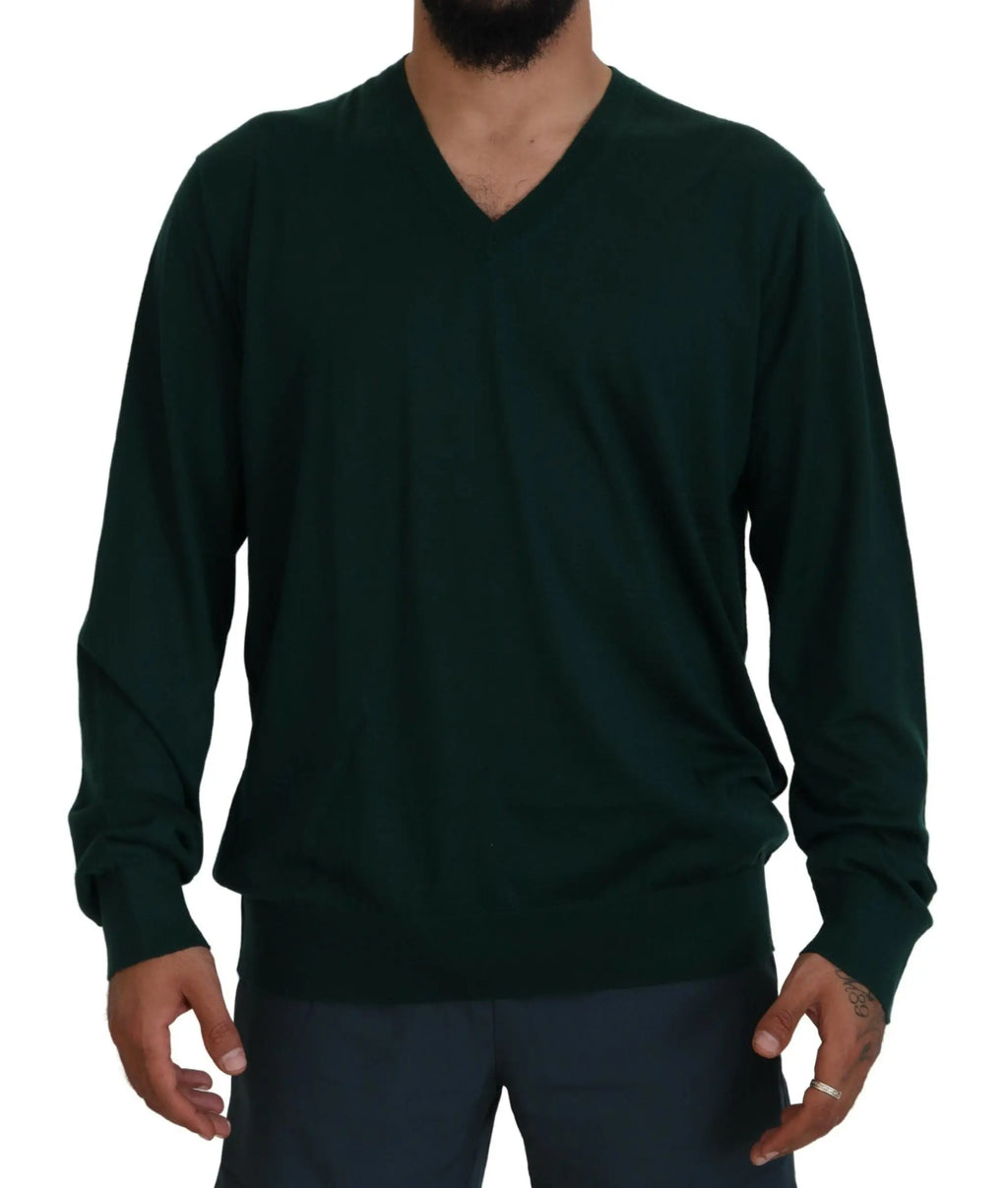 Pull dolce & gabbana en cachemire vert foncé col v avec manches longues et poignets côtelés