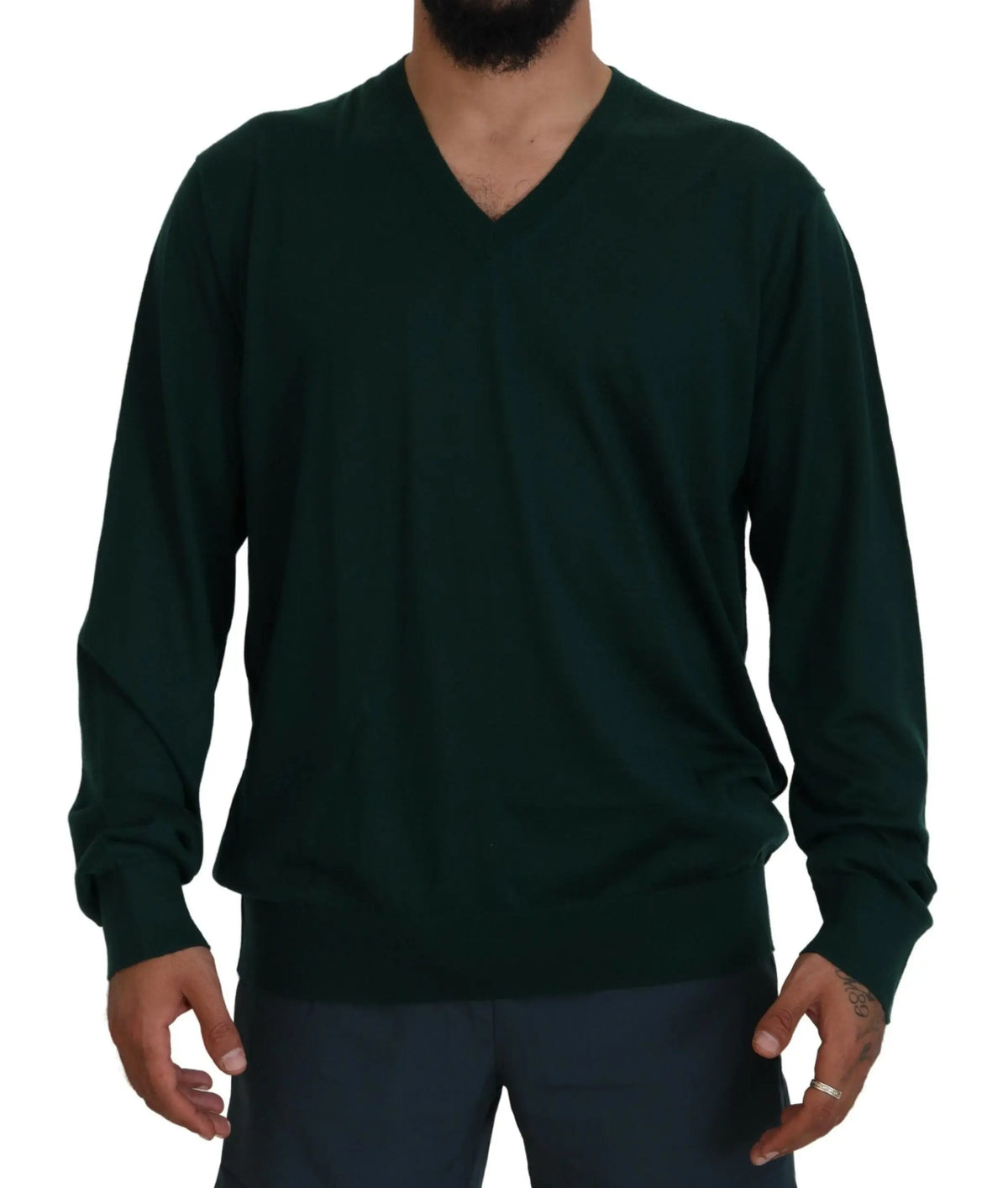 Pull dolce & gabbana en cachemire vert foncé col v avec manches longues et poignets côtelés