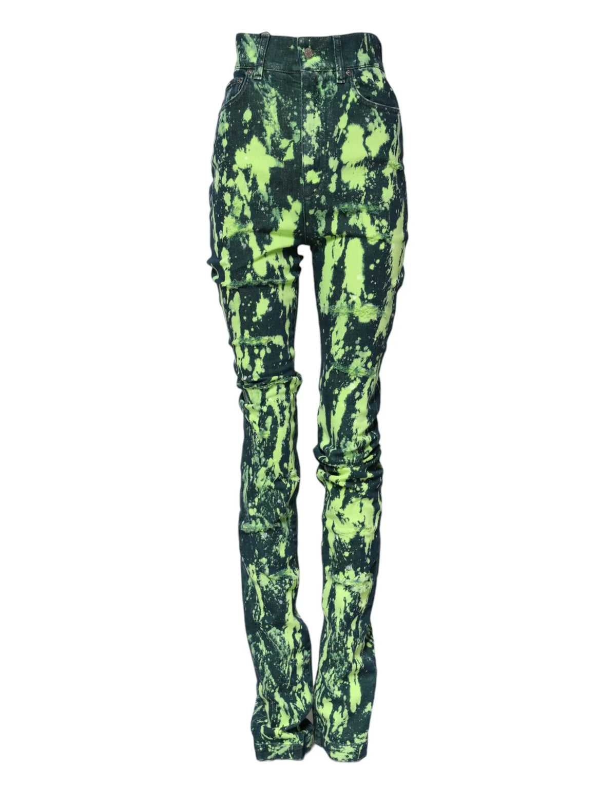Jeans denim dolce & gabbana taille haute avec effet tie-dye vert néon et bleu foncé vibrants