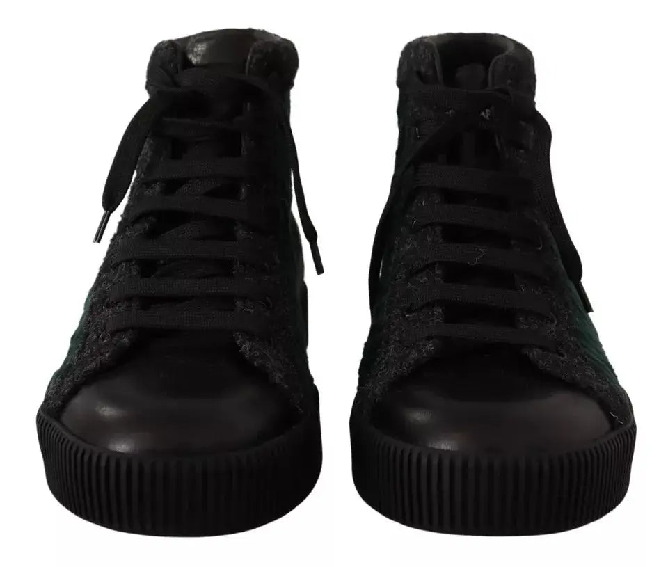 Baskets montantes noires dolce gabbana en velours côtelé vert avec dessus texturé et semelles en caoutchouc brillantes