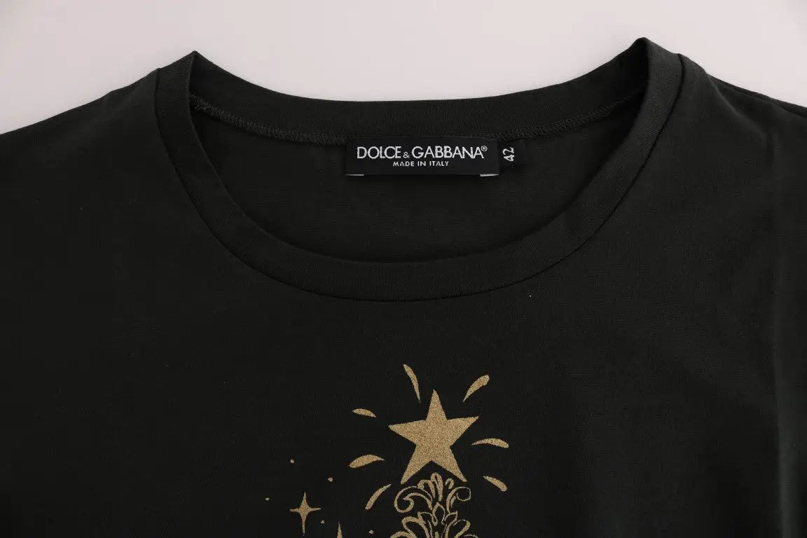 T-shirt dolce & gabbana vert en coton 2017 avec étoile dorée pailletée et motif décoratif noir