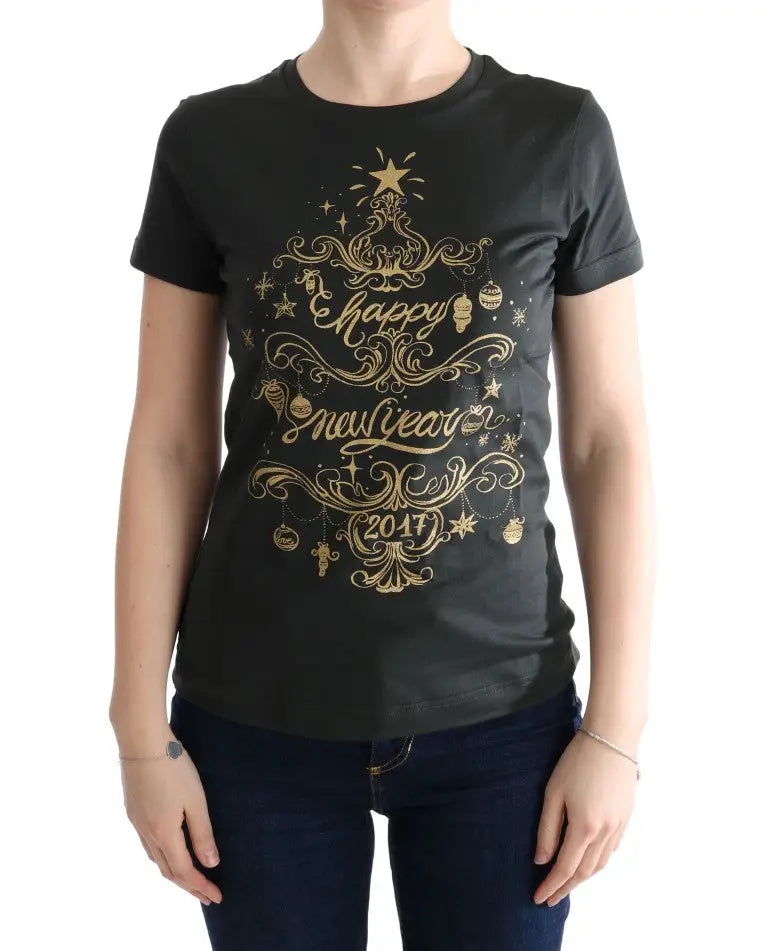 T-shirt noir à manches courtes en coton dolce & gabbana avec motif orno de sapin de noël et happy new year 2017
