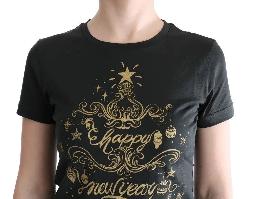 T-shirt noir à manches courtes en coton dolce & gabbana 2017 avec imprimé doré sapin de noël happy new year